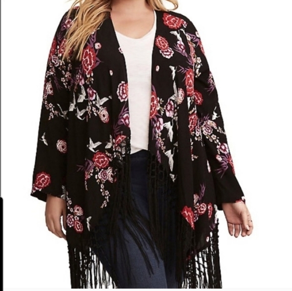Torrid Floral & Crane Print Crepe Fringe Kimono 3X - Picture 3 of 13